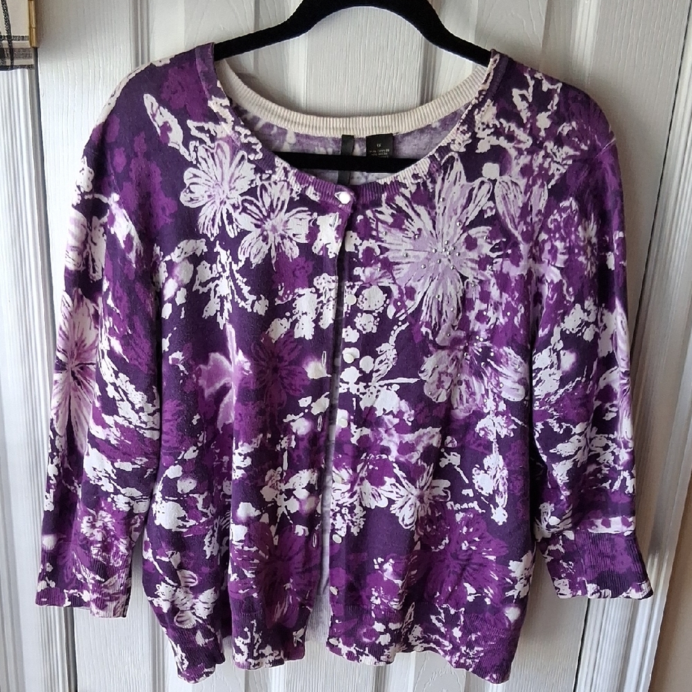 Purple and White Floral Cotton Blend Button-Front Cardigan With Sparkle Detail
